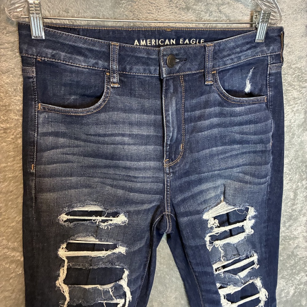 American Eagle Womens High Rise Jegging 12 Long Distressed Whiskered Slim Skinny